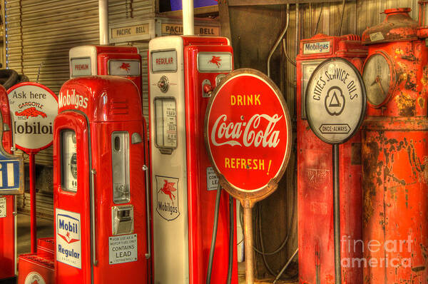 Antiques Art Print featuring the photograph Vintage Gasoline Pumps With Coca Cola Sign by Bob Christopher