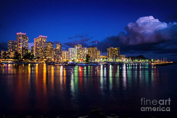 Waikiki Art Print featuring the photograph Waikiki and Diamond Head at Dusk by Aloha Art