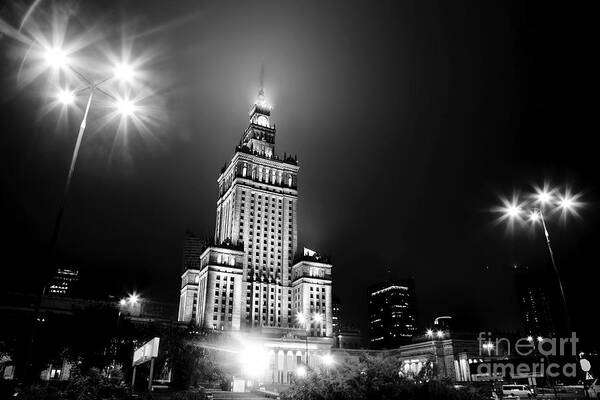 Warsaw Art Print featuring the photograph Warsaw Poland downtown skyline at night by Michal Bednarek