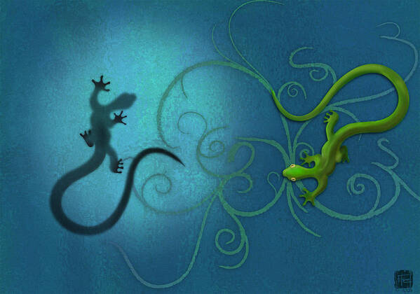 Gecko Art Print featuring the digital art water colour print of twin geckos and swirls Duality by Sassan Filsoof