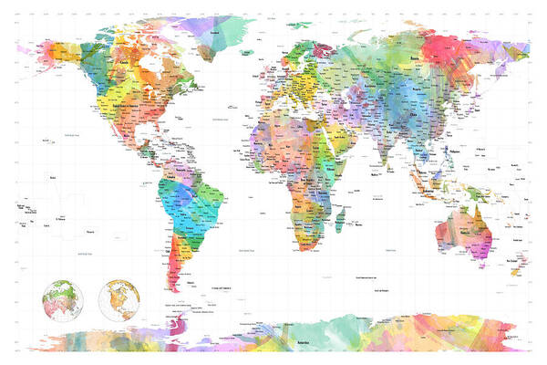 World Map Art Print featuring the digital art Watercolor Political Map of the World by Michael Tompsett