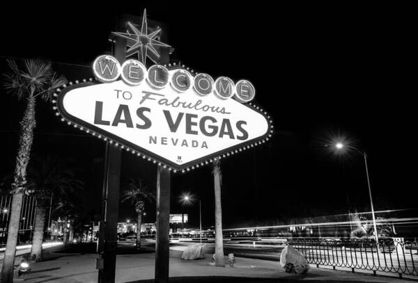 America Art Print featuring the photograph Welcome to Fabulous Las Vegas - Neon Sign in Black and White by Gregory Ballos