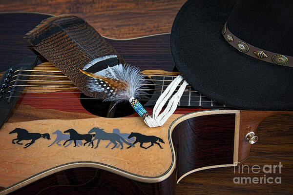 Guitar Art Print featuring the photograph Guitar and Hat with Feather by Dianne Phelps