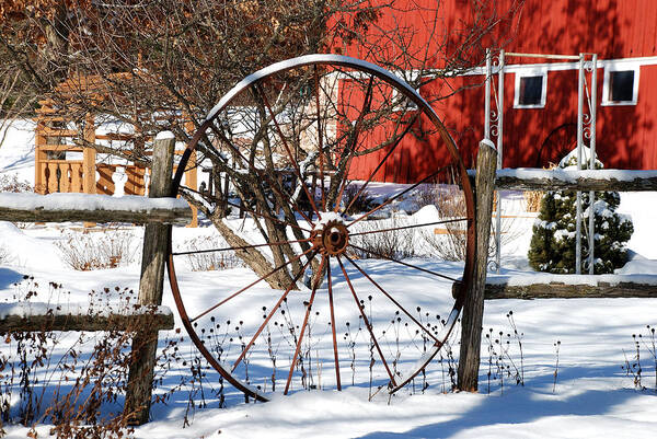 Springwater Covered Bridge & Park Art Print featuring the photograph WHEEL and FENCE by Janice Adomeit