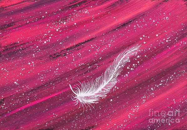 Feather Art Print featuring the painting White spiritual feather on pink streak by Carolyn Bennett by Simon Bratt