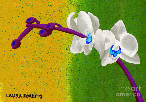 White Orchids Art Print featuring the painting White Orchids on Yellow and Green by Laura Forde