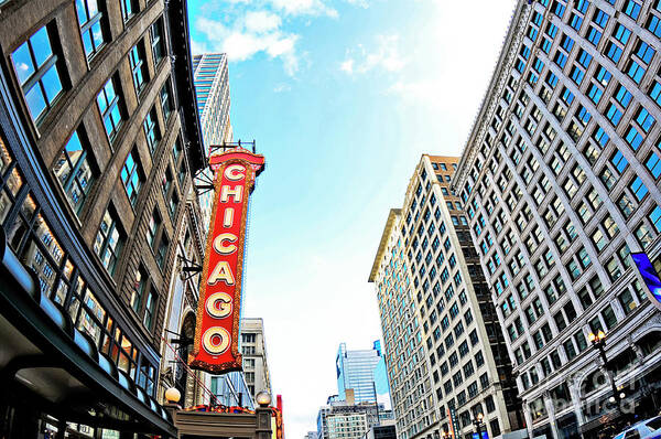 Chicago Art Print featuring the photograph Wide angle photo of the Chicago Theatre marquee and buildings by Linda Matlow