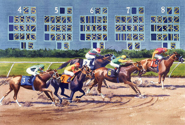 Horses Art Print featuring the painting Win Place Show at Del Mar by Mary Helmreich