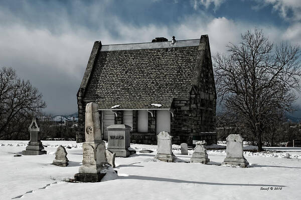 Riverside Cemetery Art Print featuring the photograph Winter Stone House by Stephen Johnson