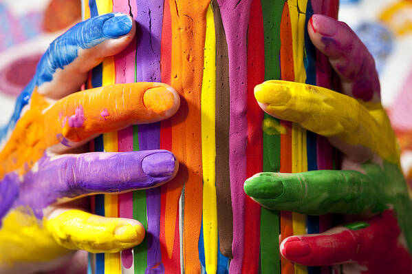 Acrylic Paint Art Print featuring the photograph Woman holding painted can with painted fingers by Jim Corwin