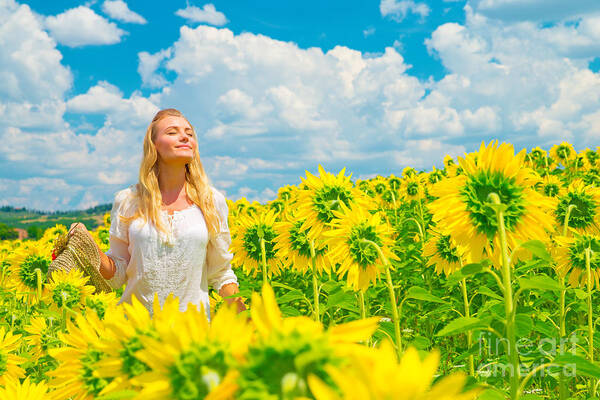 Europe Art Print featuring the photograph Woman in sunflower field by Anna Om