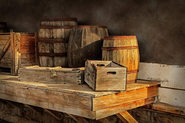 Art Art Print featuring the photograph Wooden Barrels and Crates on a shelf at a Railroad Station by Randall Nyhof