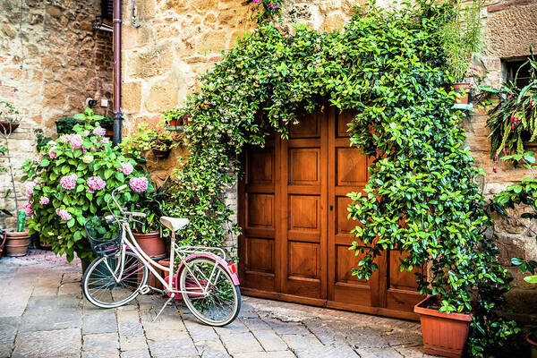 Val D'orcia Art Print featuring the photograph Wooden Gate With Plants In An Ancient by Giorgiomagini