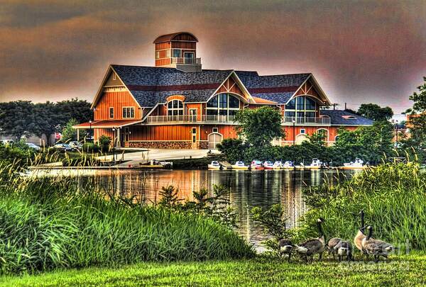 Lodge Art Print featuring the photograph Wooden lodge over looking a lake by Jim Lepard