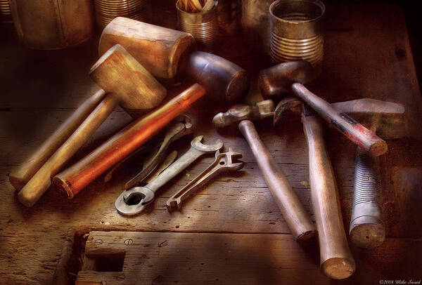 Savad Art Print featuring the photograph Woodworker - A Collection of Hammers by Mike Savad