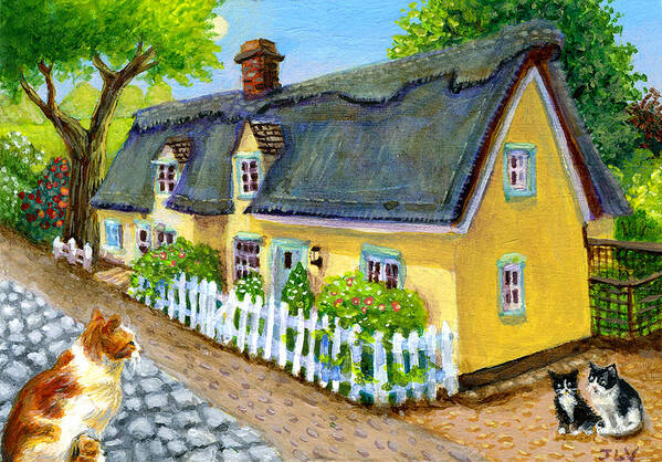 Cats Art Print featuring the painting Yellow English Cottage by Jacquelin L Westerman
