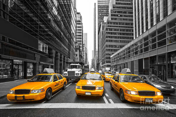 Angle Art Print featuring the photograph Yellow Taxis in New York City - USA by Luciano Mortula