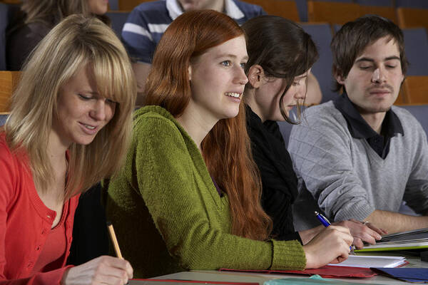 Expertise Art Print featuring the photograph Young mixed students working and listening during lecture by Clu
