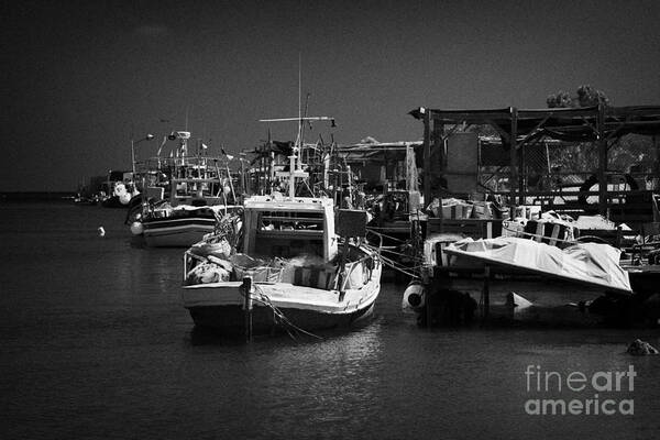 Potamos Art Print featuring the photograph Fishing Boats Tied Up In Potamos Typical Small Unspoilt Fishing Village Republic Of Cyprus #2 by Joe Fox