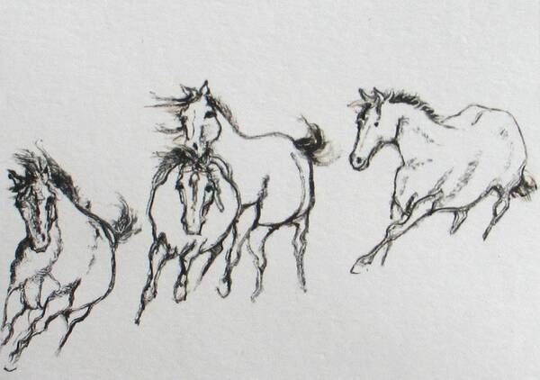 Monoprint Art Print featuring the painting 4 Wild Horses by Elizabeth Parashis