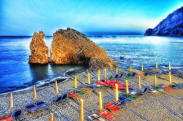 Monterosso Art Print featuring the mixed media 5 TERRE Monterosso beach umbrellas in PASSEGGIATE A LEVANTE by Enrico Pelos