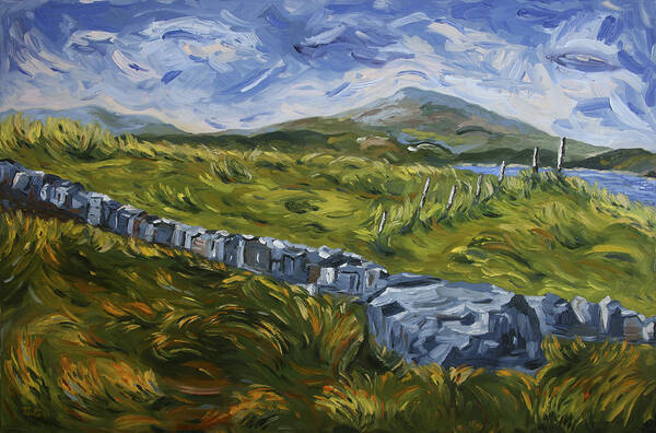 Blustery Windblown Grasses And Clouds Ireland Art Print featuring the painting A Donegal Day by John Farley