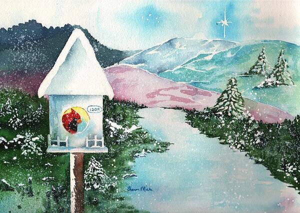 A Snowy Cardinal Day  Christmas Card Art Print featuring the painting A Snowy Cardinal Day - Christmas Card by Sharon Mick