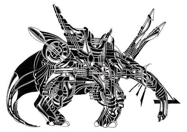 Biomechanical Biology Ampersand Organic Lines Drawing Black-and-white Tail Head Hooves Anteater Toenails Throne Chair Seat Treble Clef Conveyance Mechanistic Mechanical Geometry Artdeco Dark Crystal Art Print featuring the drawing Anteater Throne by Power City Images