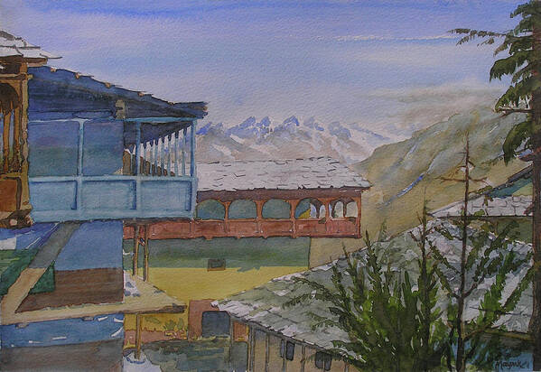 Mountain Houses Art Print featuring the painting Bahu Houses by Mayank M M Reid