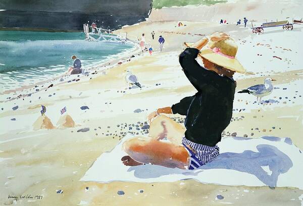 Beach; Sunhat; Seagull; Jetty; Coast; Sandcastle; Flag; Suntan; Tanning; Sea; Towel; Sand; Castle; Holiday; Boat; Launch; Bikini; Seashore; Shadow; Sun; Pebbles; Summer; Sat Art Print featuring the painting Black jumper by Lucy Willis