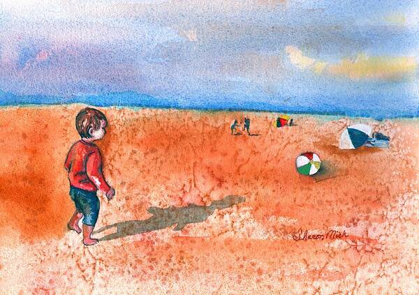 Boy At Beach Playing And Chasing Ball Art Print featuring the painting Boy at Beach Playing and Chasing Ball by Sharon Mick