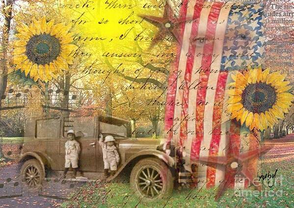 Vintage Car;boys;sunflowers;stars;american Fla;g Art Print featuring the digital art Boys and Their Cars by Ruby Cross