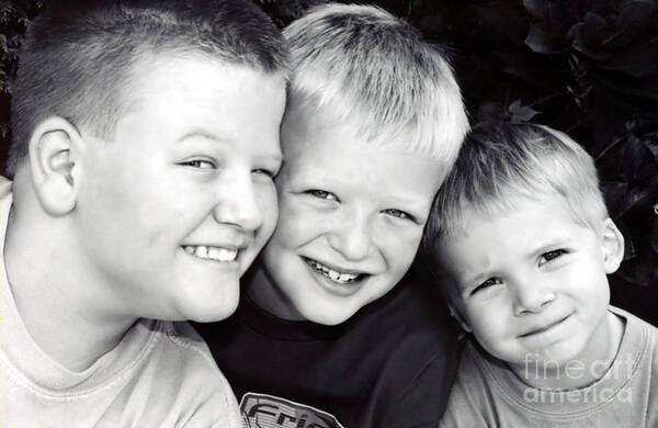 People Person Children Kids Youths Youngsters Boys Males Guys Brothers Siblings Relatives Family Attachment Familiar Close Love Friends Friendship Friendly Chummy Fraternal Black White Bw B&w black And White Smile Smiling Happy Closeup Portrait Art Print featuring the photograph Brothers Three by Susan Stevenson