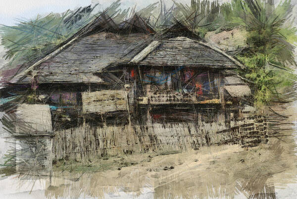 Digital Art Art Print featuring the digital art Burmese village house 2 by Fran Woods