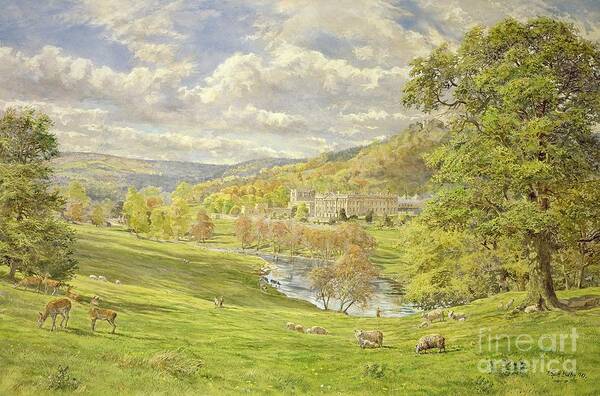 Landscape; Deer; Park; Sheep; Pastoral; Stately Home Art Print featuring the painting Chatsworth by Tim Scott Bolton