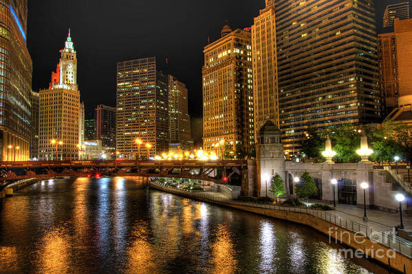 Wrigley Tower Art Print featuring the photograph Chiacgo downtown at night by Dejan Jovanovic