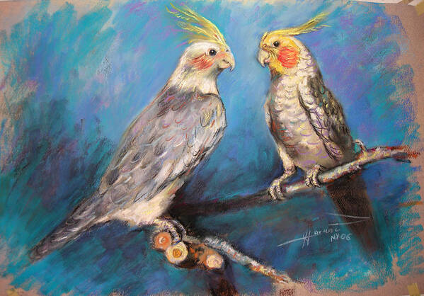 Coctaiel Art Print featuring the pastel Coctaiel Parrots by Ylli Haruni