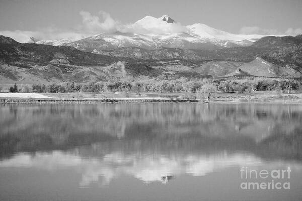 'longs Peak' Longs Peak Co' Art Print featuring the photograph Colorado Longs Peak Circling Clouds Reflection BW by James BO Insogna