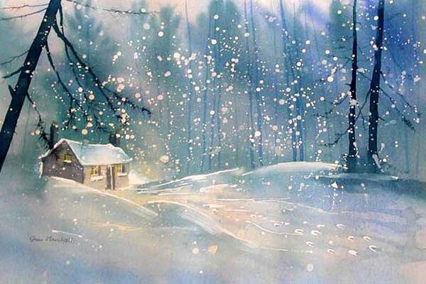 Watercolour Art Print featuring the painting Cottage in the Snow by Glenn Marshall