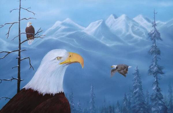 Bald Eagles Art Print featuring the painting Eagles in the Tetons by Gary Partin