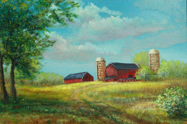 Landscapes Art Print featuring the painting Red barns by Katalin Luczay