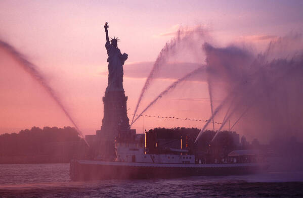 Fireboat Display Art Print featuring the photograph Fireboat Plumes The Statue of Liberty by Tom Wurl