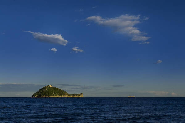 Gallinara Art Print featuring the photograph GALLINARA ISLAND with cruis eliner and clouds by Enrico Pelos