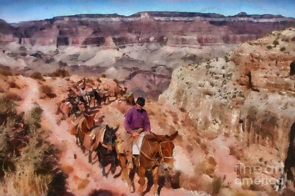 Grand Canyon Paintings Art Print featuring the digital art Grand Canyon Mule Packtrain by Mary Warner