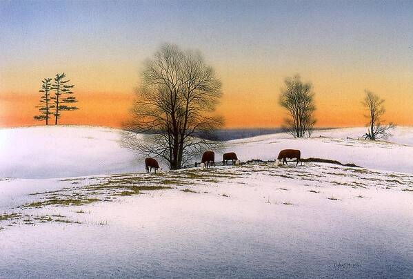 Rural Art Print featuring the painting Grazing Cattle in Winter by Conrad Mieschke