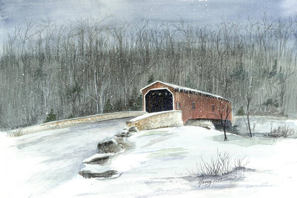 Covered Bridge Art Print featuring the painting Lancaster County Covered Bridge in the Snow by Nancy Patterson