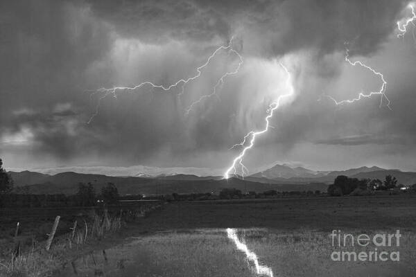Awesome Art Print featuring the photograph Lightning Striking Longs Peak Foothills 2BW by James BO Insogna