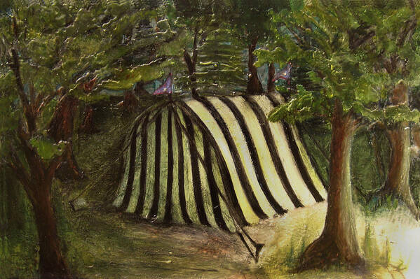 Striped Tent In Woods Art Print featuring the painting Magic by Martine Letoile