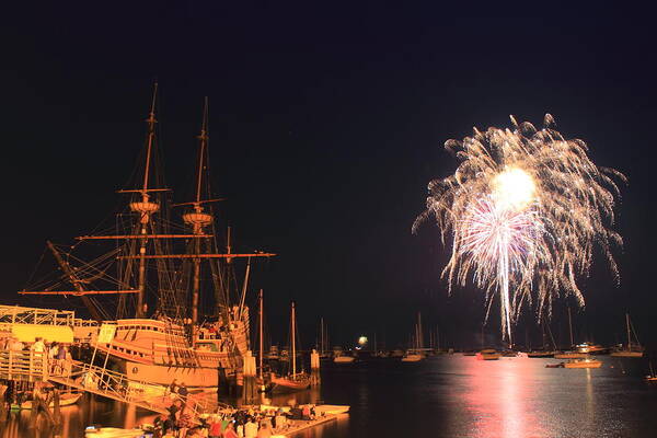 Plymouth Art Print featuring the photograph Mayflower II Fireworks by John Burk