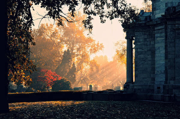 Fall Art Print featuring the photograph Misty autumn morning at Greenlawn by Dick Wood